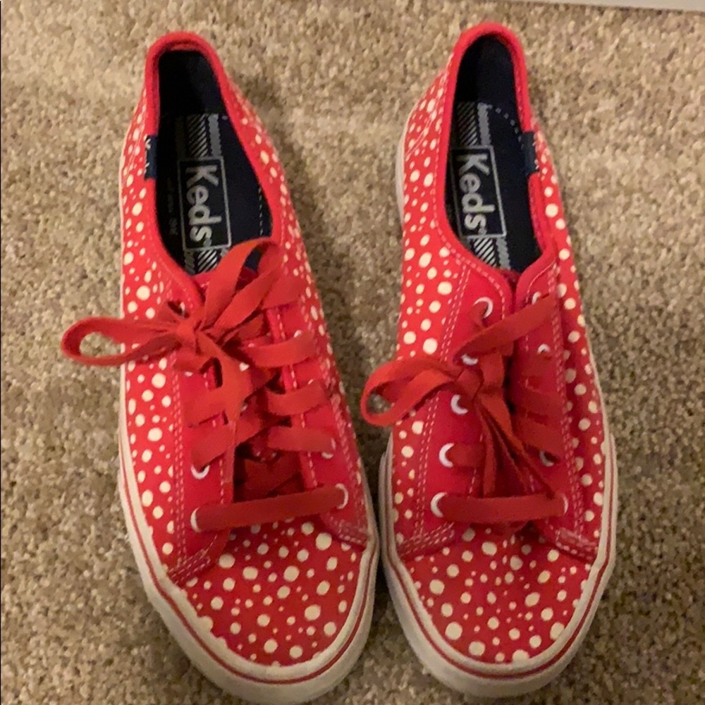 Red and white polka dot keds